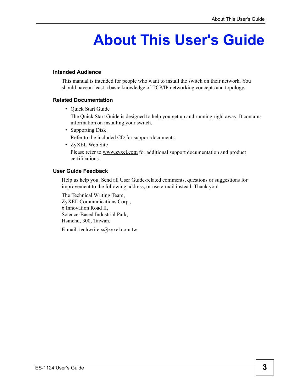 About this user's guide | ZyXEL Communications ZyXEL Dimension ES-1124 User Manual | Page 3 / 48