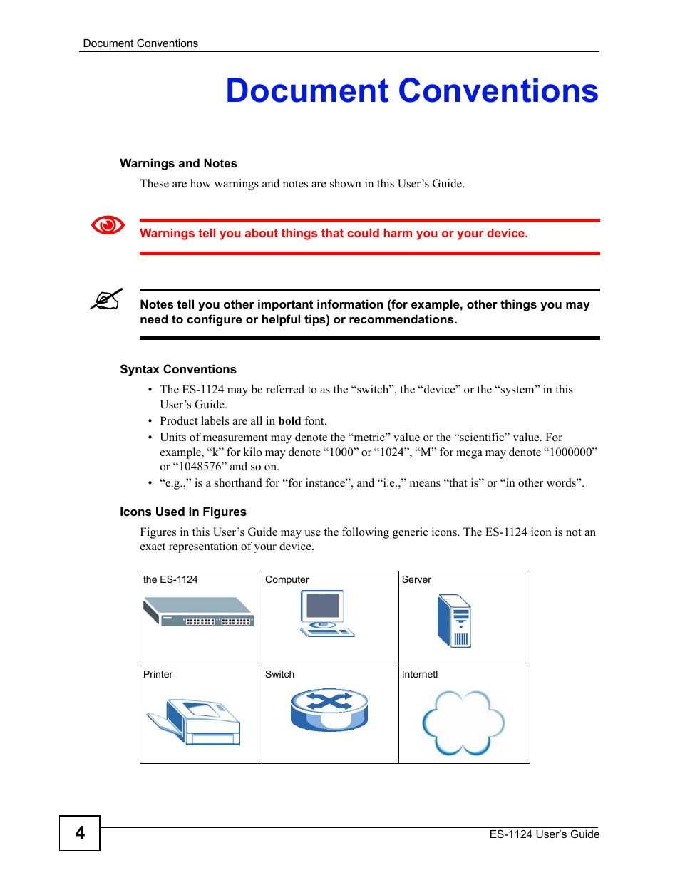 Document conventions | ZyXEL Communications ZyXEL Dimension ES-1124 User Manual | Page 4 / 48