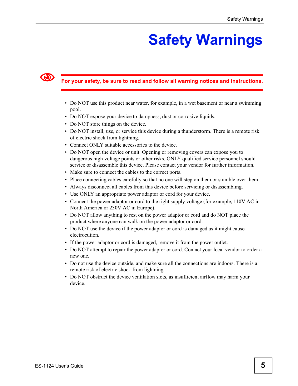 Safety warnings | ZyXEL Communications ZyXEL Dimension ES-1124 User Manual | Page 5 / 48