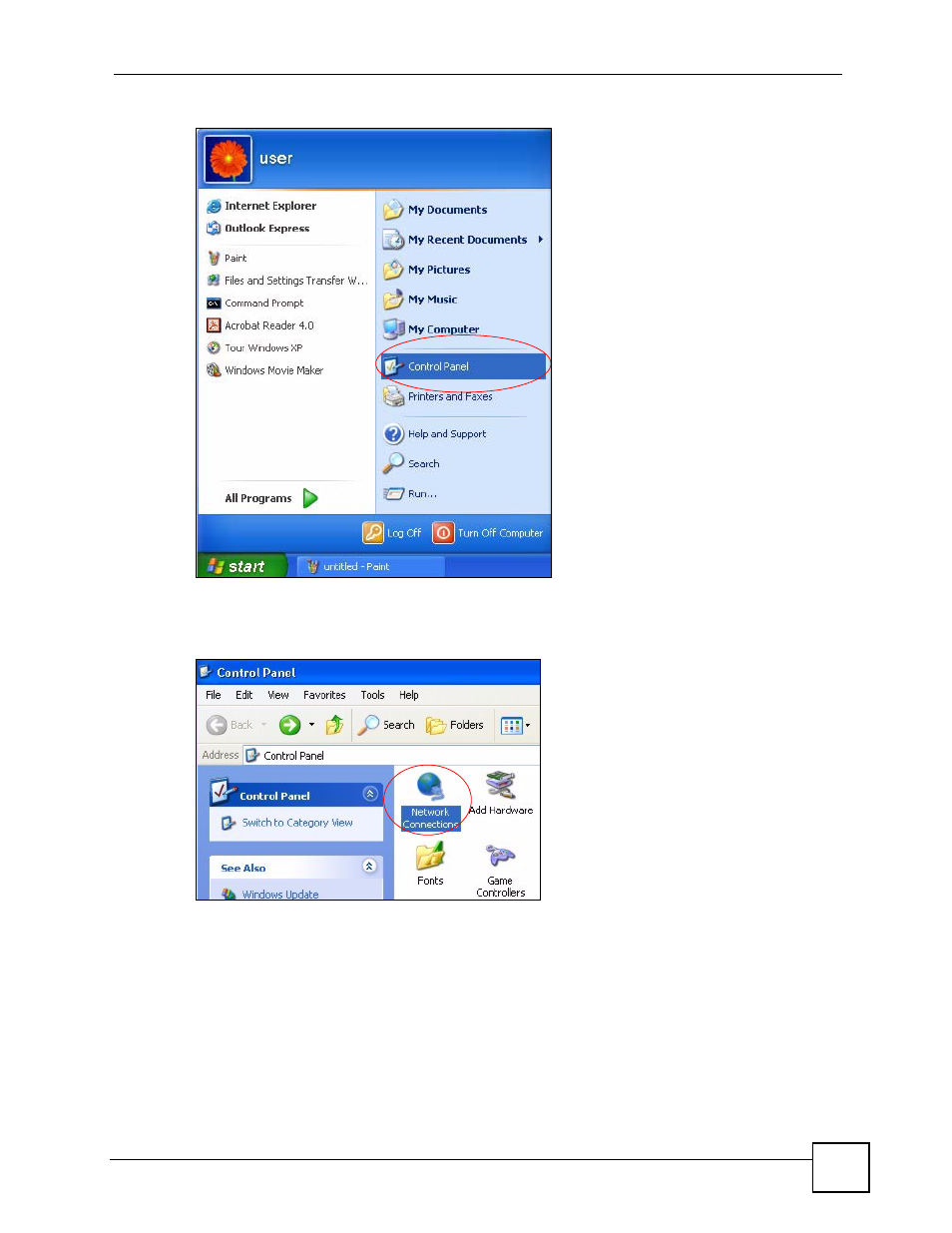 Figure 61 windows xp: start menu, Figure 62 windows xp: control panel | ZyXEL Communications HomePlug AV DMA-1100P User Manual | Page 111 / 198