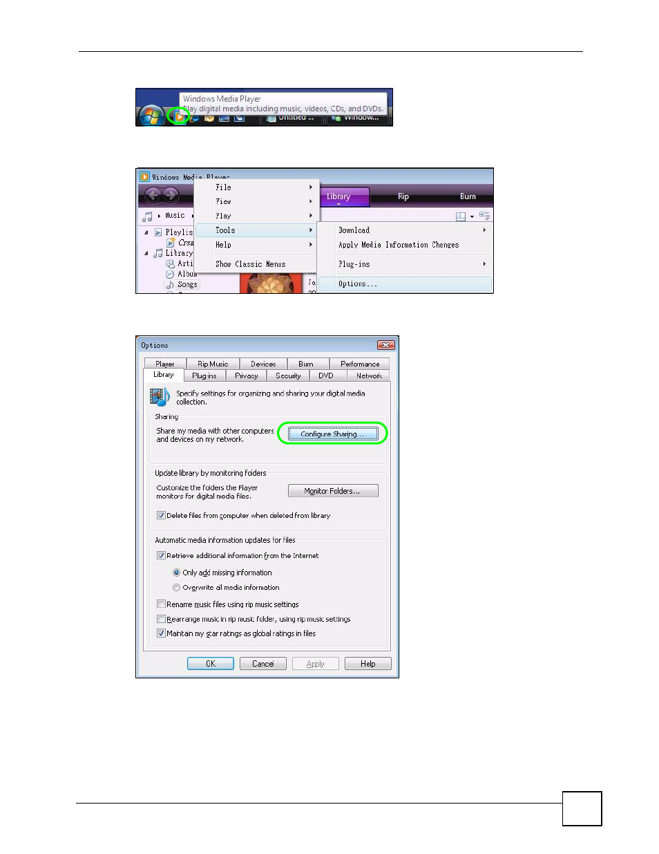 Figure 92 start windows media player, Figure 93 windows media player tools> options, Figure 94 library | ZyXEL Communications HomePlug AV DMA-1100P User Manual | Page 131 / 198