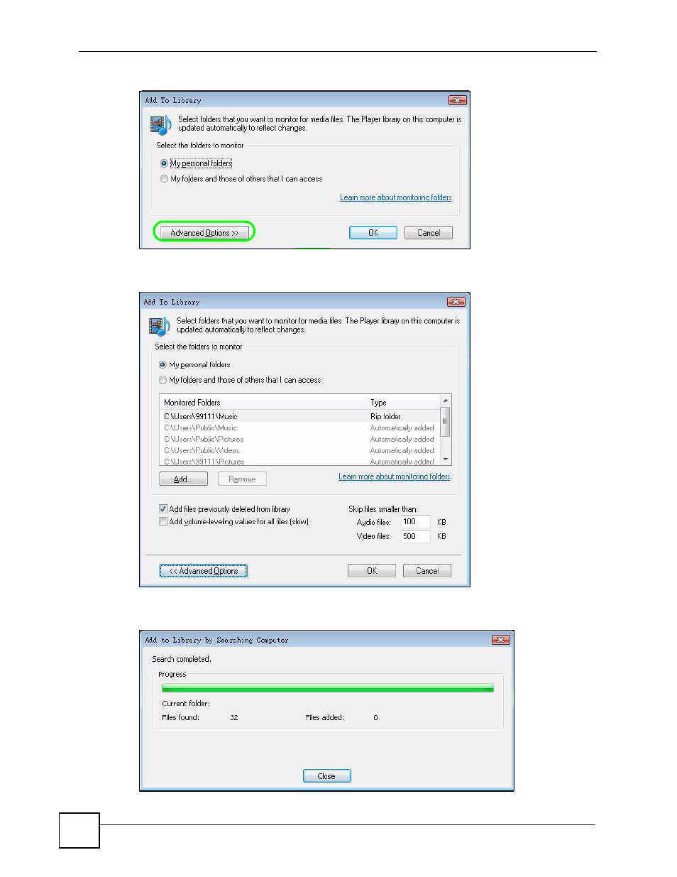 Figure 103 add to library, Figure 104 add to library > advanced, Figure 105 add to library search | ZyXEL Communications HomePlug AV DMA-1100P User Manual | Page 136 / 198