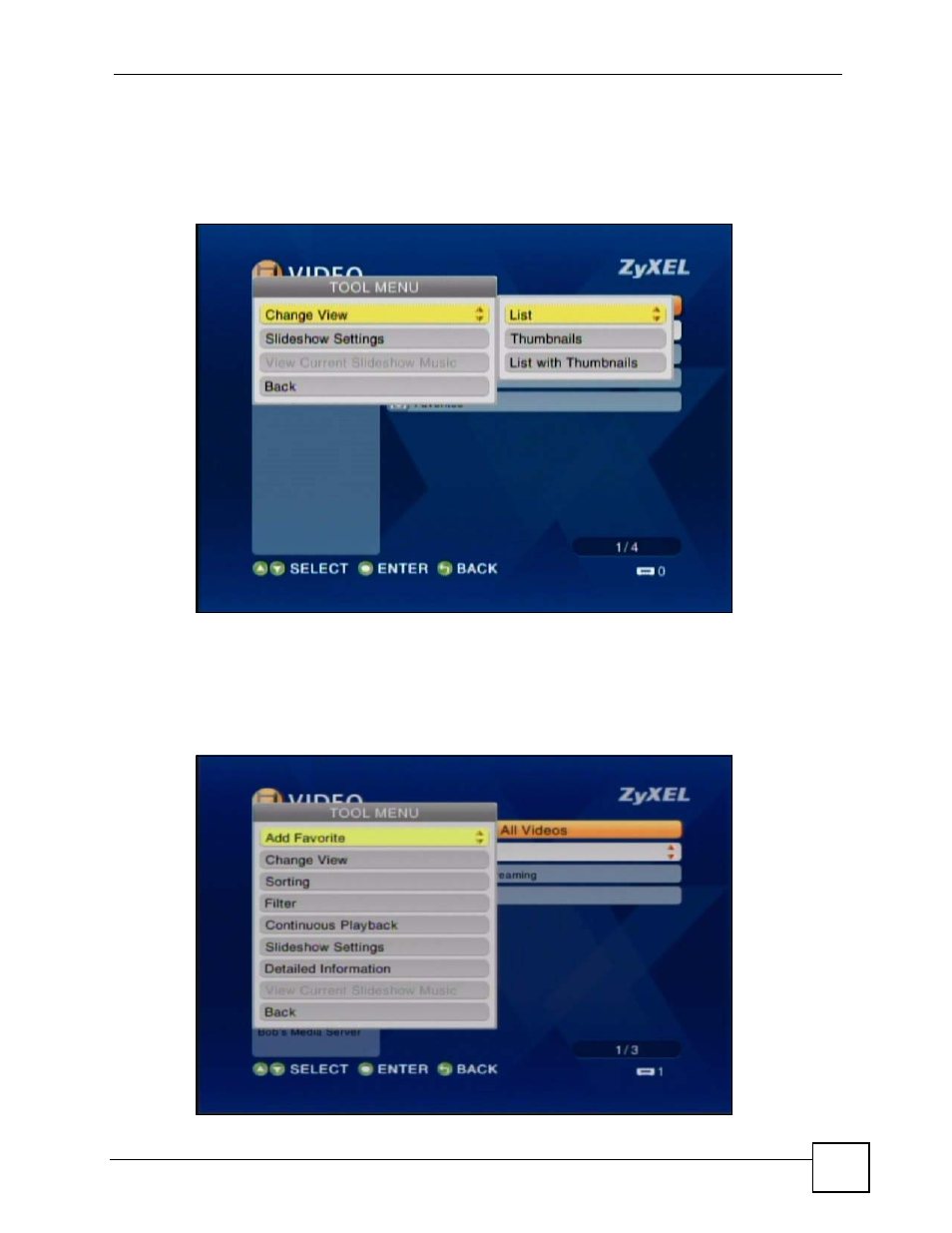 1 video, music and photo menus: tool, 2 using the tool menu from a file album, Figure 8 video: tool > change view | Figure 9 video > file album: tool | ZyXEL Communications HomePlug AV DMA-1100P User Manual | Page 35 / 198