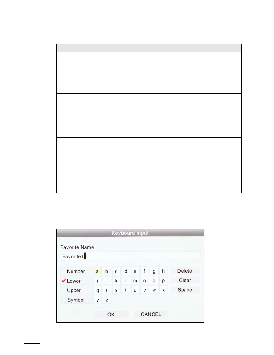 3 keyboard input, Figure 10 keyboard input, Table 5 video > file album: tool | ZyXEL Communications HomePlug AV DMA-1100P User Manual | Page 36 / 198