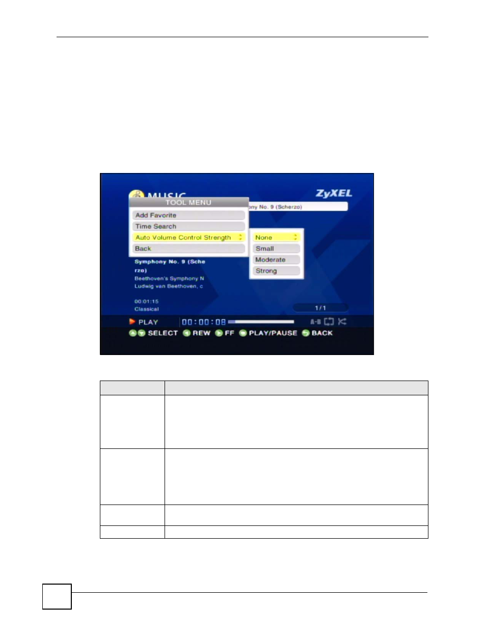1 using the tool menu while playing music, Figure 18 music > album > file: tool, Table 9 music > album > file: tool menu | ZyXEL Communications HomePlug AV DMA-1100P User Manual | Page 44 / 198