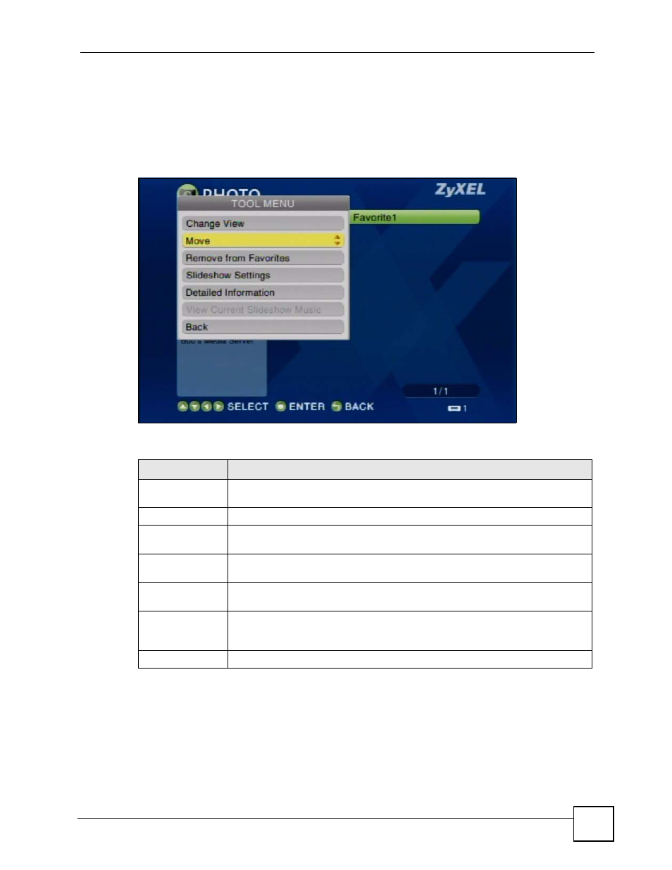 2 changing the contents of a favorites folder, 4 favorites playback, Figure 29 favorites > favorite folder: tool menu | Table 13 favorites > favorite folder: tool menu | ZyXEL Communications HomePlug AV DMA-1100P User Manual | Page 55 / 198