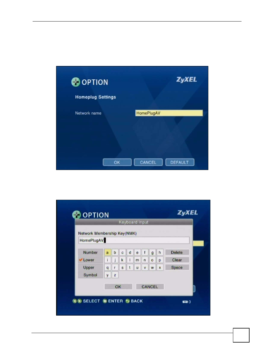 Figure 38 option > homeplug settings: nmk setup | ZyXEL Communications HomePlug AV DMA-1100P User Manual | Page 67 / 198