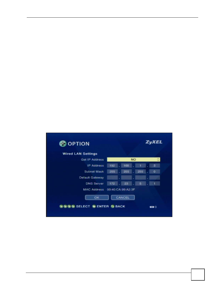 1 dns server address, 2 mac address, 4 network settings menu | 5 wired lan settings, Figure 41 option > network settings | ZyXEL Communications HomePlug AV DMA-1100P User Manual | Page 69 / 198