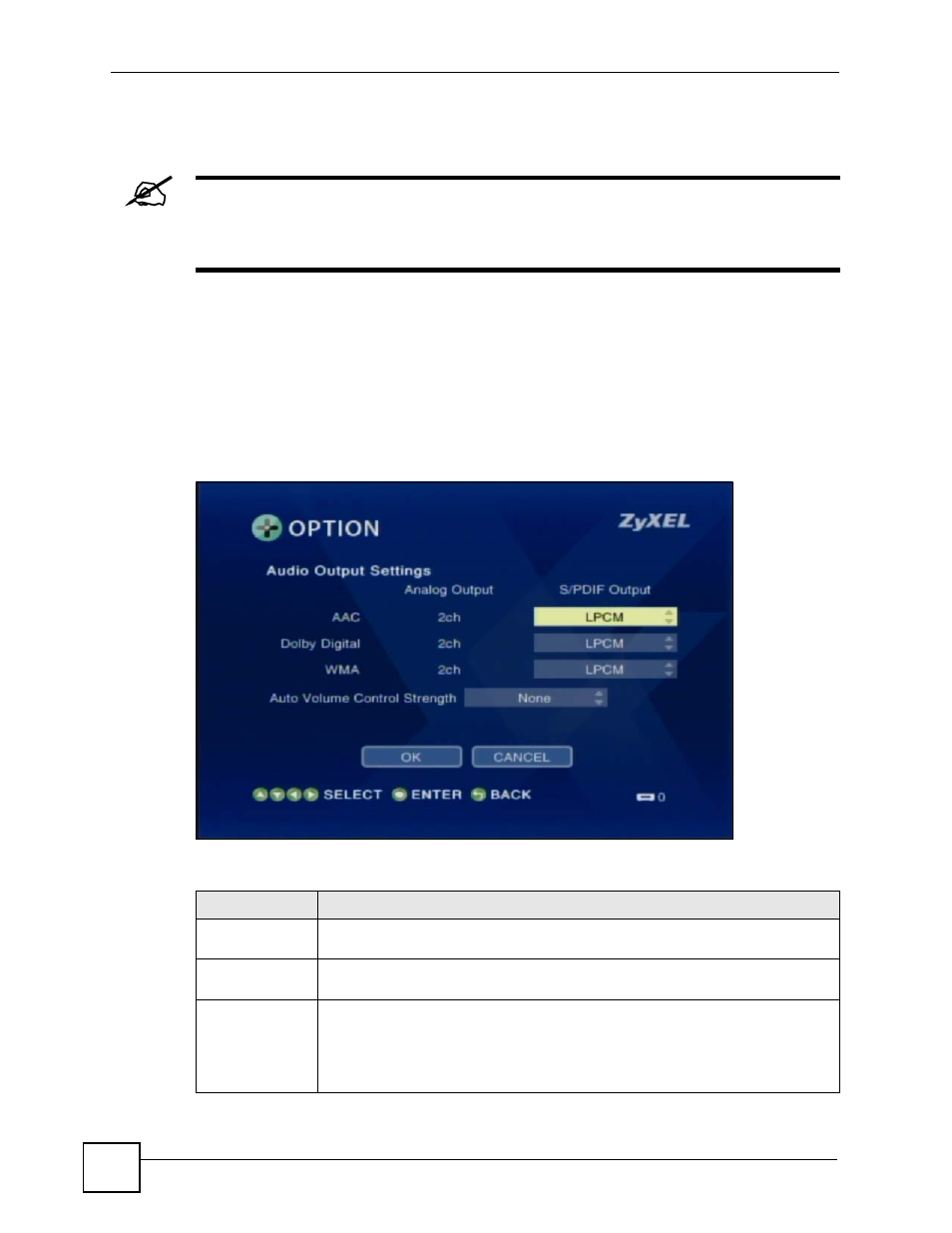 8 audio settings, Figure 44 option > audio output settings, Table 16 option > audio output settings | ZyXEL Communications HomePlug AV DMA-1100P User Manual | Page 72 / 198