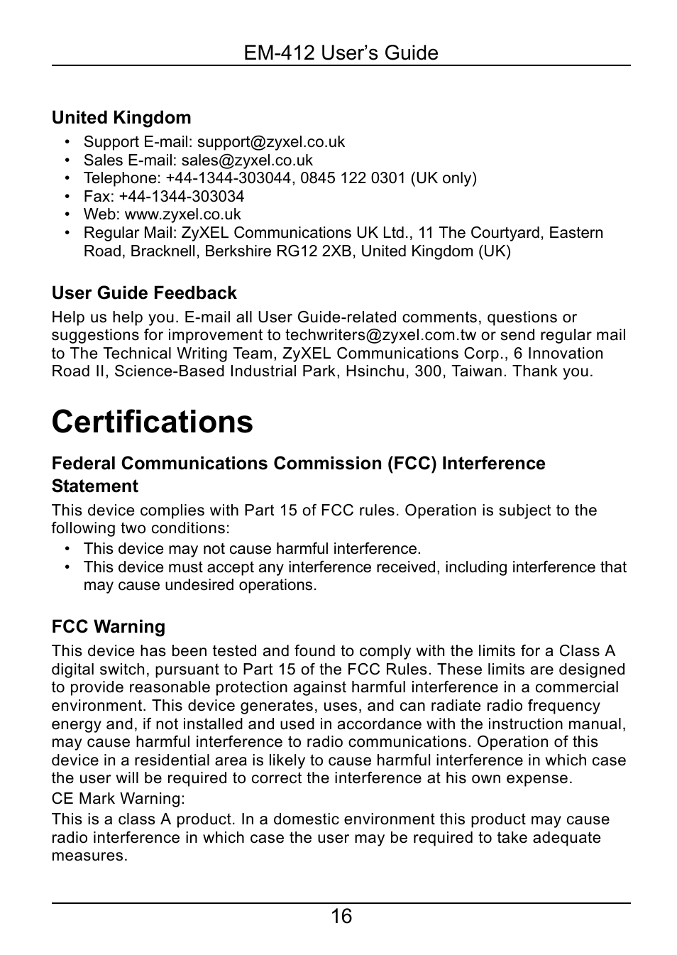 Certifications | ZyXEL Communications 2-Slot 10GBase-CX4 10Gigabit Module EM-412 User Manual | Page 16 / 18