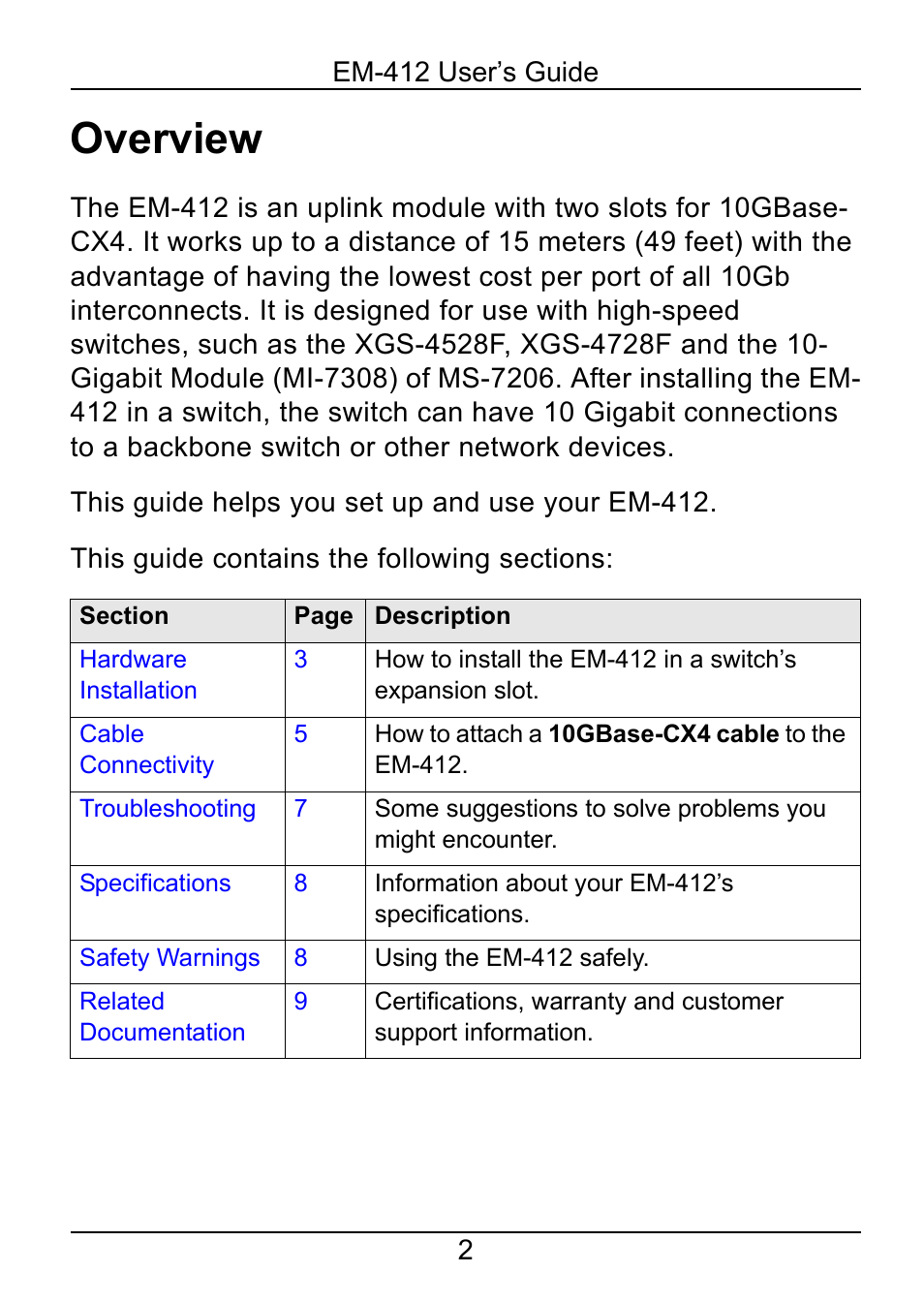 Overview | ZyXEL Communications 2-Slot 10GBase-CX4 10Gigabit Module EM-412 User Manual | Page 2 / 18