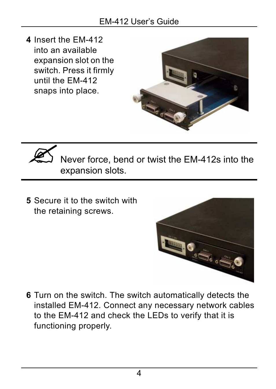 ZyXEL Communications 2-Slot 10GBase-CX4 10Gigabit Module EM-412 User Manual | Page 4 / 18