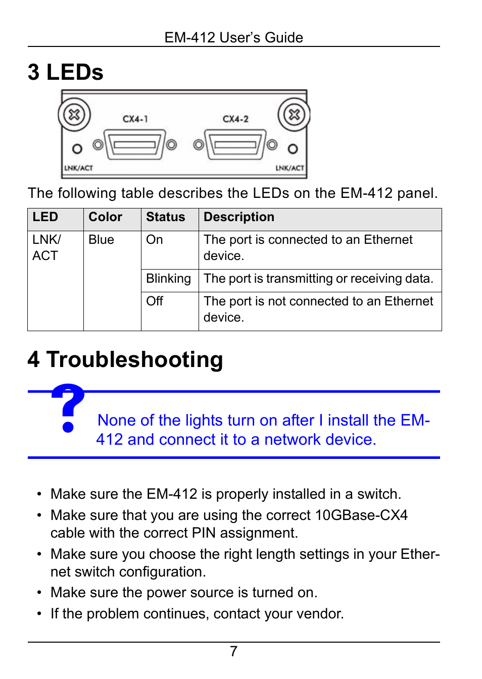 3 leds, 4 troubleshooting, Troubleshooting | ZyXEL Communications 2-Slot 10GBase-CX4 10Gigabit Module EM-412 User Manual | Page 7 / 18