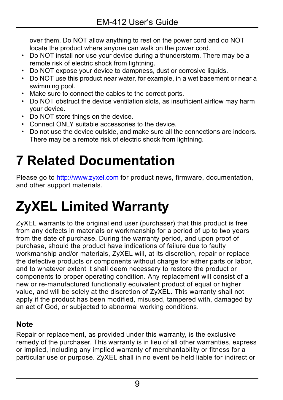 7 related documentation, Zyxel limited warranty, Related documentation | 9em-412 user’s guide | ZyXEL Communications 2-Slot 10GBase-CX4 10Gigabit Module EM-412 User Manual | Page 9 / 18