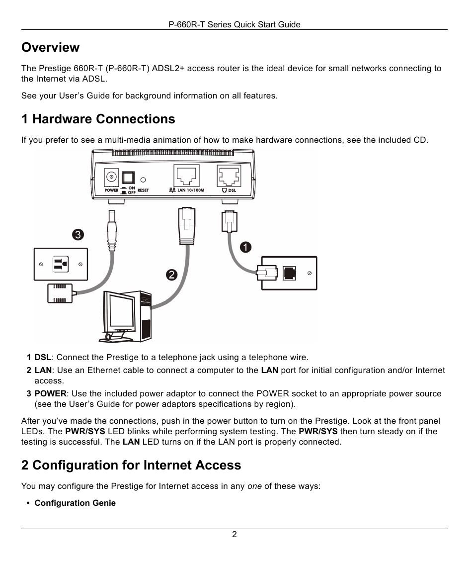 Overview, 1 hardware connections, 2 configuration for internet access | ZyXEL Communications Access Router P-660R-T User Manual | Page 2 / 9