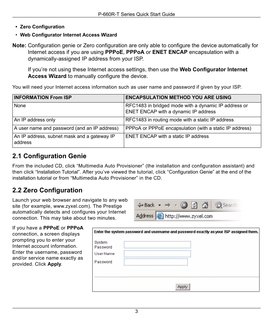 1 configuration genie, 2 zero configuration | ZyXEL Communications Access Router P-660R-T User Manual | Page 3 / 9