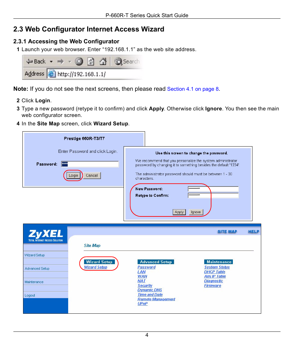 3 web configurator internet access wizard | ZyXEL Communications Access Router P-660R-T User Manual | Page 4 / 9