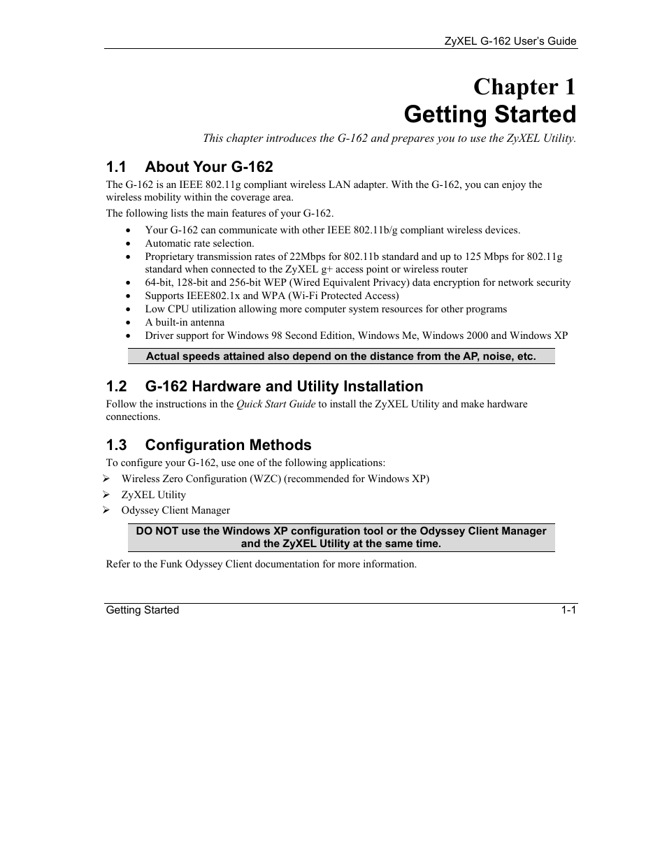 Getting started, About your g-162, G-162 hardware and utility installation | Configuration methods, Chapter 1 getting started, 1 about your g-162, 2 g-162 hardware and utility installation, 3 configuration methods | ZyXEL Communications G-162 User Manual | Page 15 / 85