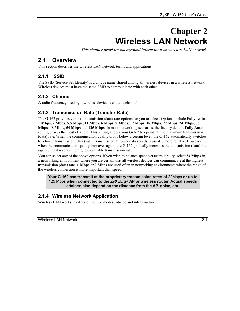 Wireless lan network, Overview, Chapter 2 wireless lan network | ZyXEL Communications G-162 User Manual | Page 17 / 85