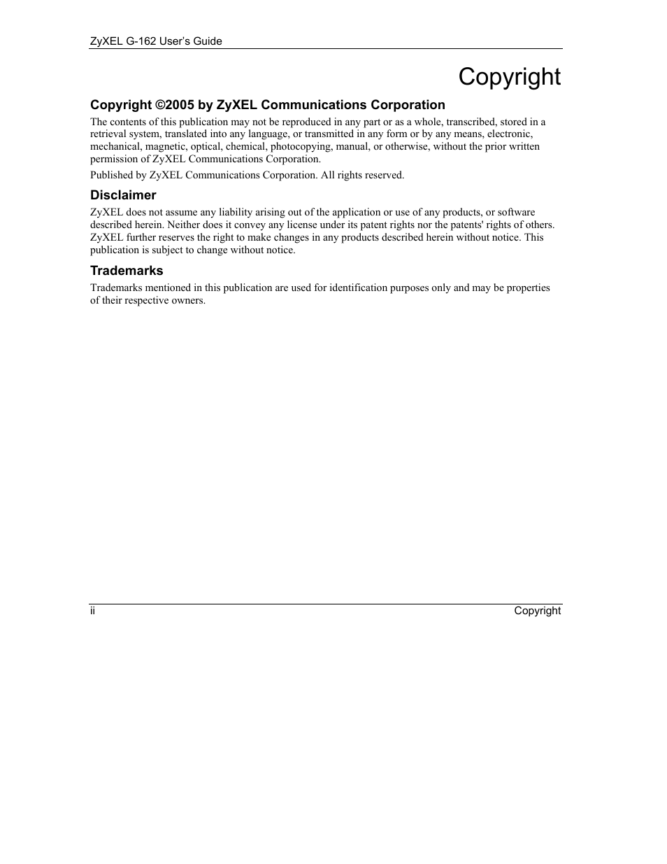 Copyright | ZyXEL Communications G-162 User Manual | Page 2 / 85
