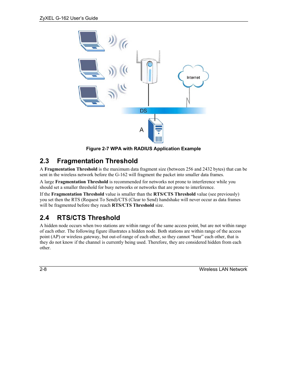 Fragmentation threshold, Rts/cts threshold, 3 fragmentation threshold | 4 rts/cts threshold | ZyXEL Communications G-162 User Manual | Page 24 / 85