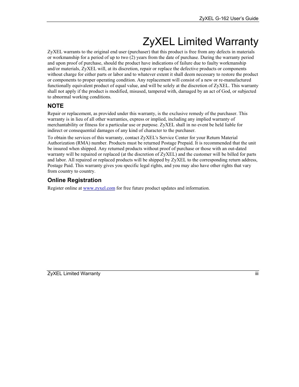 Zyxel limited warranty | ZyXEL Communications G-162 User Manual | Page 3 / 85