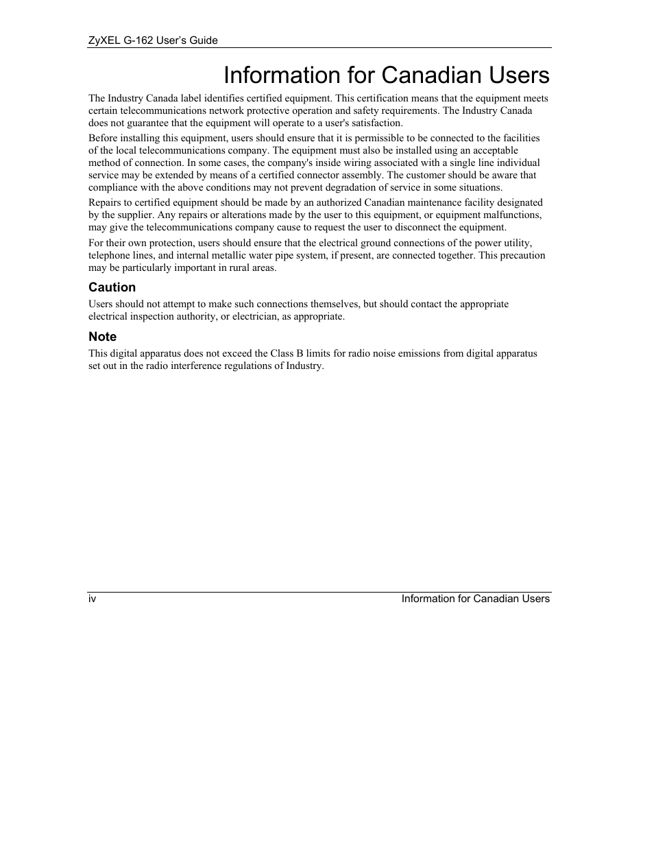 Information for canadian users | ZyXEL Communications G-162 User Manual | Page 4 / 85