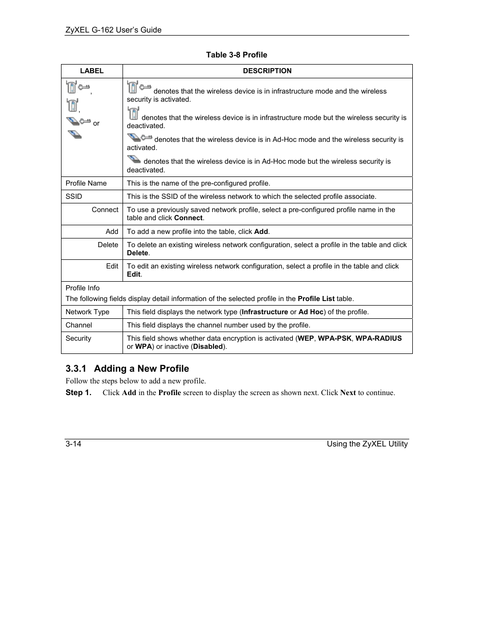 1 adding a new profile | ZyXEL Communications G-162 User Manual | Page 40 / 85