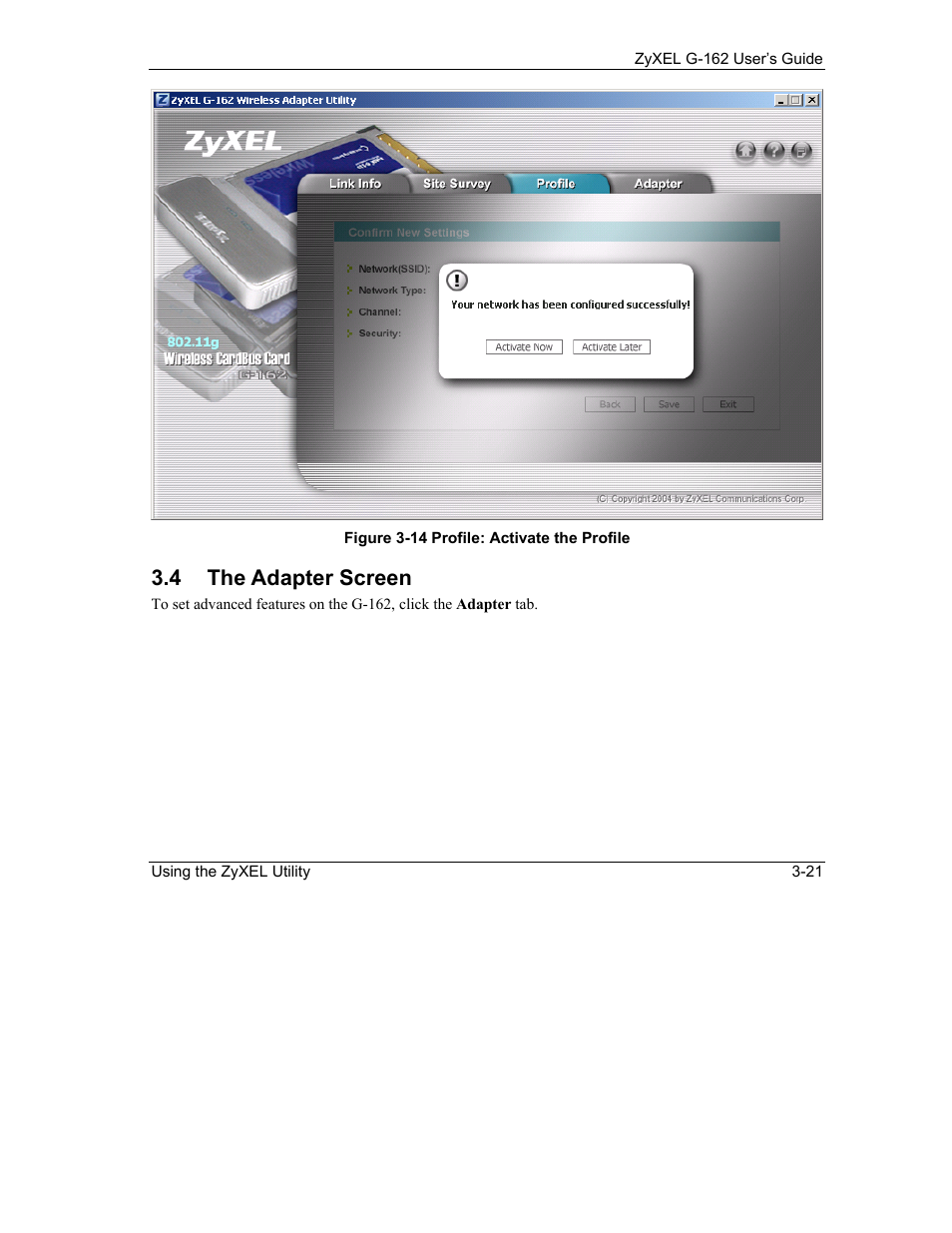 The adapter screen, 4 the adapter screen | ZyXEL Communications G-162 User Manual | Page 47 / 85