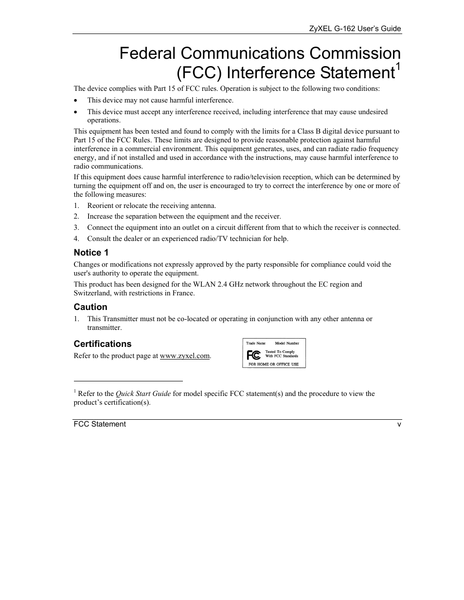 Fcc interference statement | ZyXEL Communications G-162 User Manual | Page 5 / 85