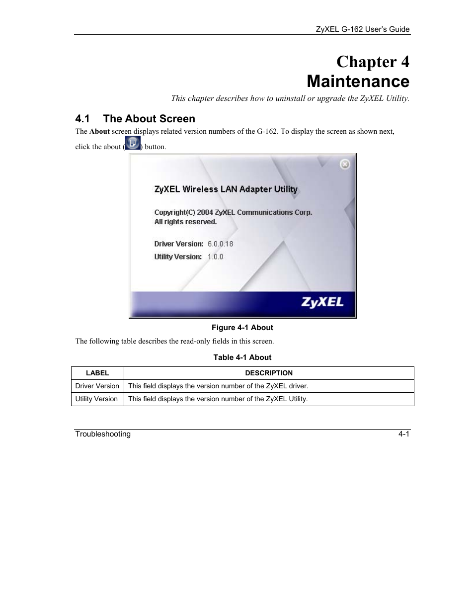 Maintenance, The about screen, Chapter 4 maintenance | 1 the about screen | ZyXEL Communications G-162 User Manual | Page 51 / 85