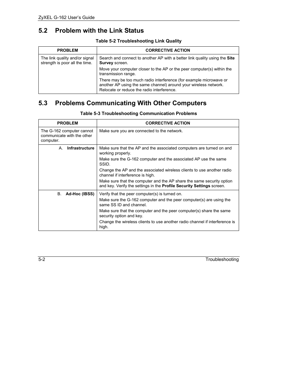 Problem with the link status, Problems communicating with other computers, 2 problem with the link status | 3 problems communicating with other computers | ZyXEL Communications G-162 User Manual | Page 54 / 85