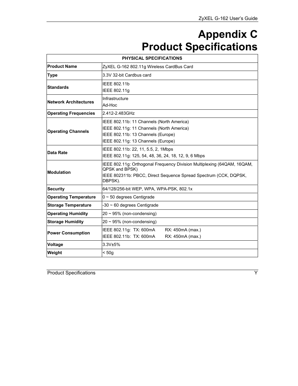 C. product specifications, Appendix c product specifications | ZyXEL Communications G-162 User Manual | Page 79 / 85