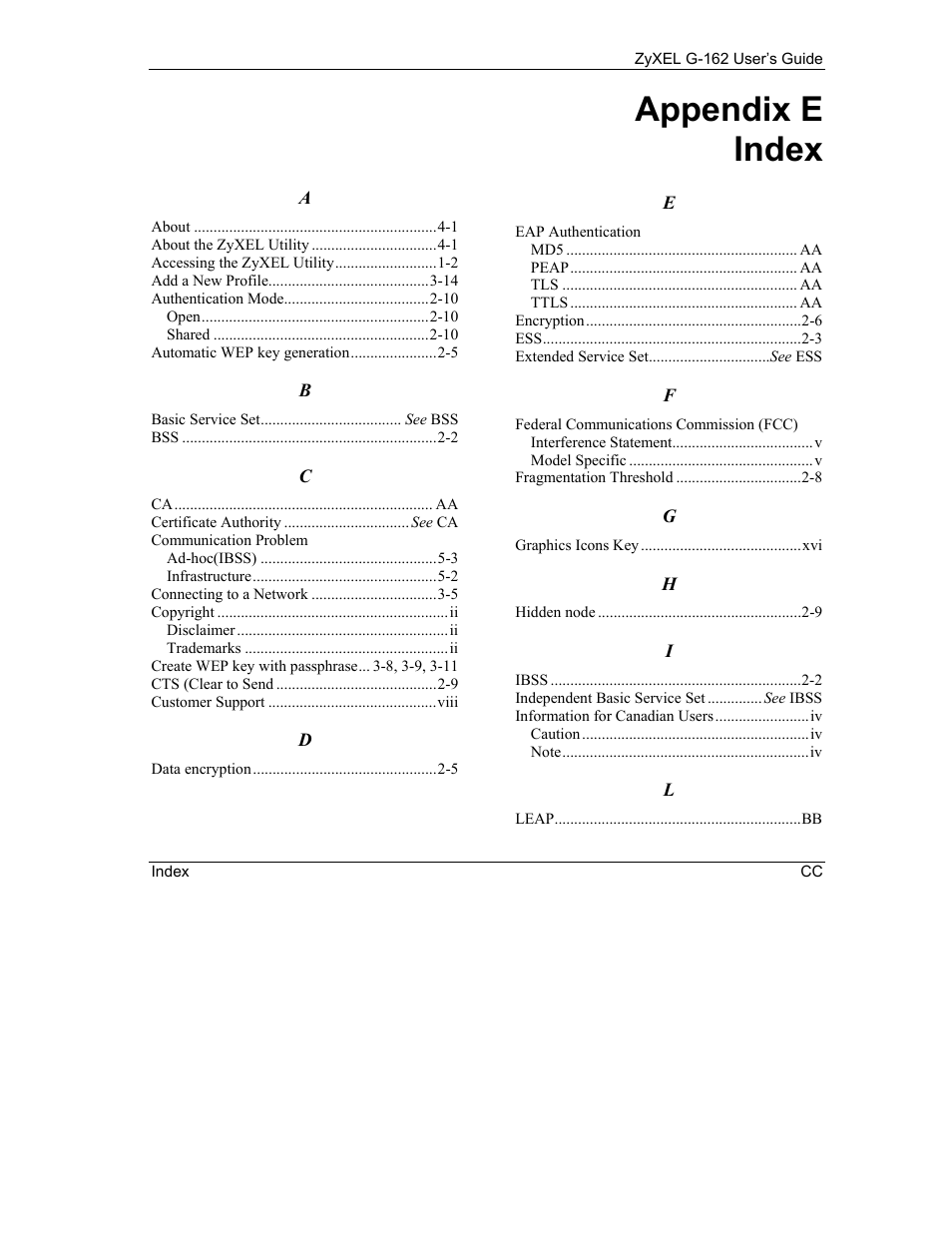 E. index, Appendix e index | ZyXEL Communications G-162 User Manual | Page 83 / 85