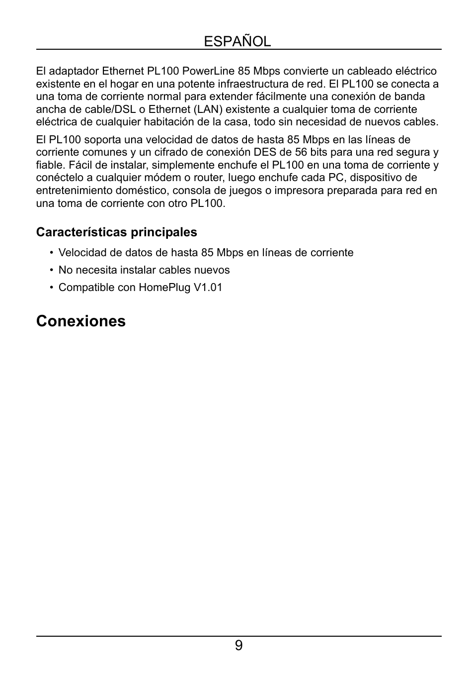 Español, Características principales, Conexiones | ZyXEL Communications PL-100 User Manual | Page 10 / 33