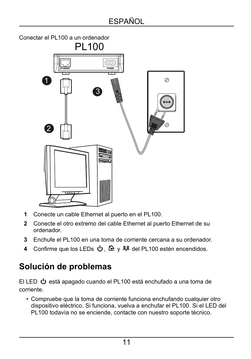 Solución de problemas, Pl100, Pl-100 | Español 11 | ZyXEL Communications PL-100 User Manual | Page 12 / 33