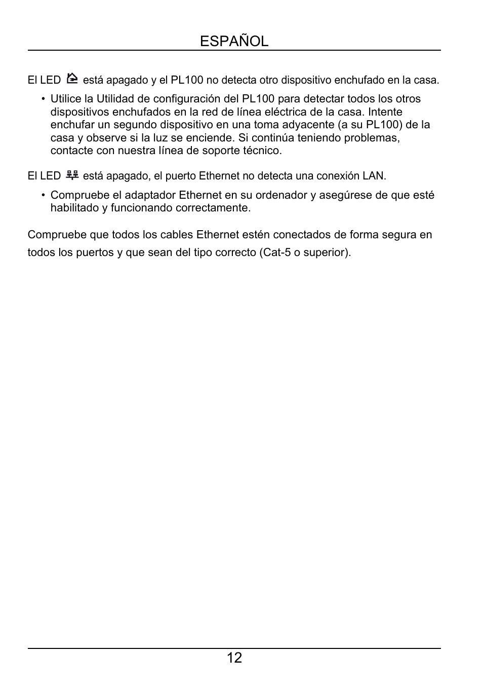 12 español | ZyXEL Communications PL-100 User Manual | Page 13 / 33