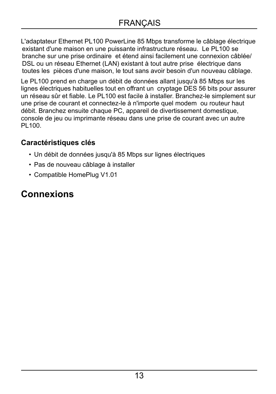 Français, Caractéristiques clés, Connexions | Français 13 | ZyXEL Communications PL-100 User Manual | Page 14 / 33