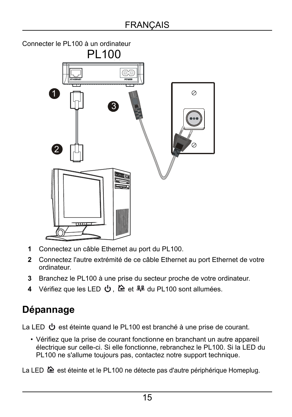 Dépannage, Pl100, Pl-100 | Français 15 | ZyXEL Communications PL-100 User Manual | Page 16 / 33