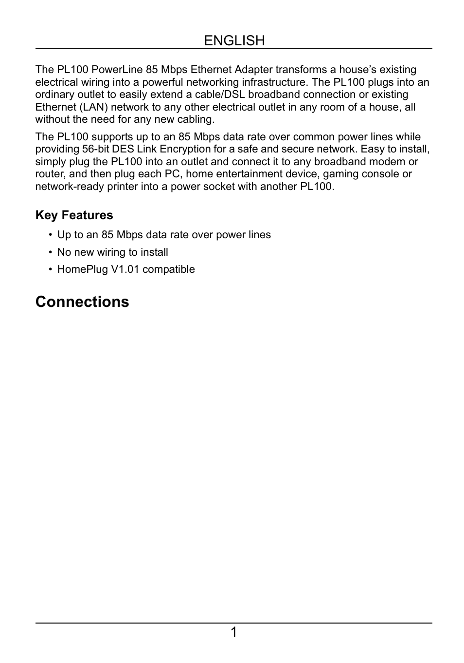 English, Key features, Connections | ZyXEL Communications PL-100 User Manual | Page 2 / 33