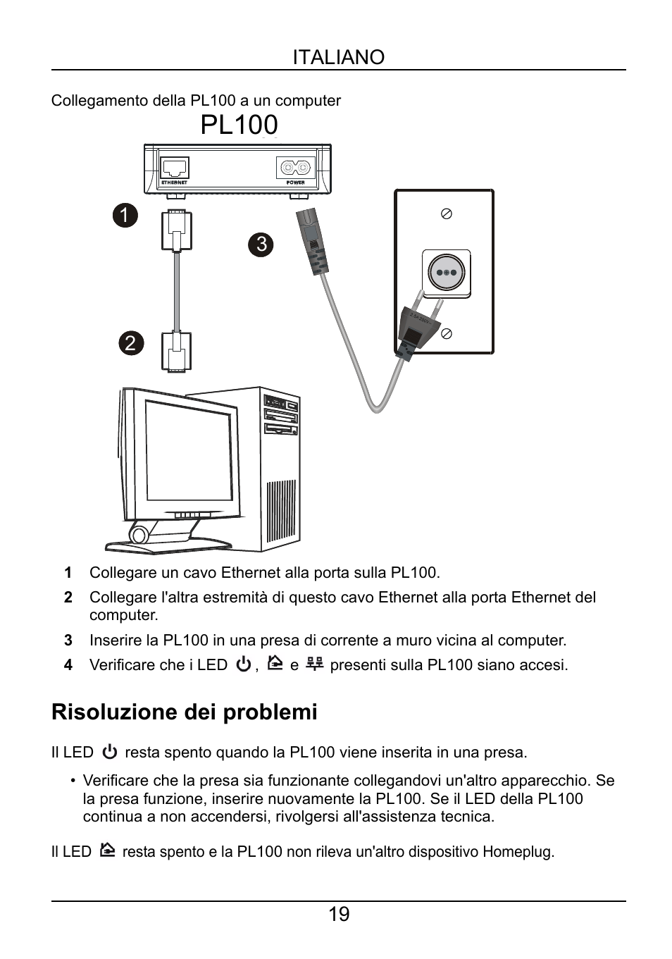 Risoluzione dei problemi, Pl100, Pl-100 | Italiano 19 | ZyXEL Communications PL-100 User Manual | Page 20 / 33