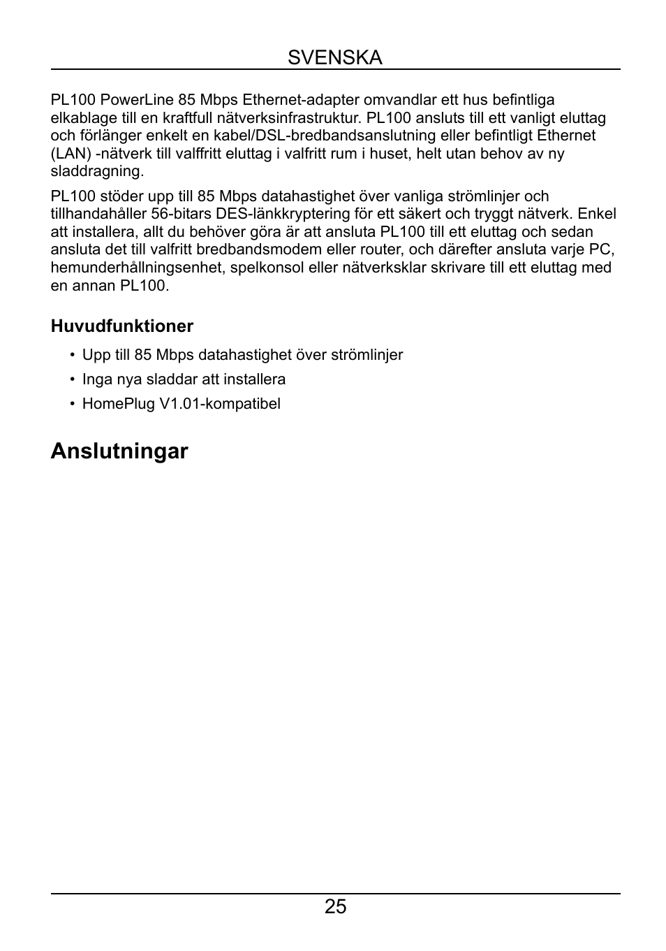 Svenska, Huvudfunktioner, Anslutningar | ZyXEL Communications PL-100 User Manual | Page 26 / 33