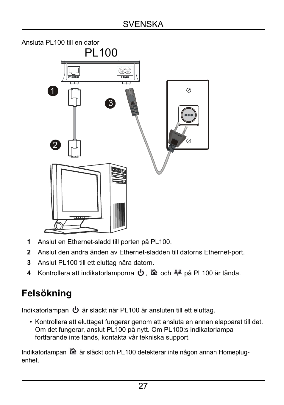 Felsökning, Pl100, Pl-100 | Svenska 27 | ZyXEL Communications PL-100 User Manual | Page 28 / 33