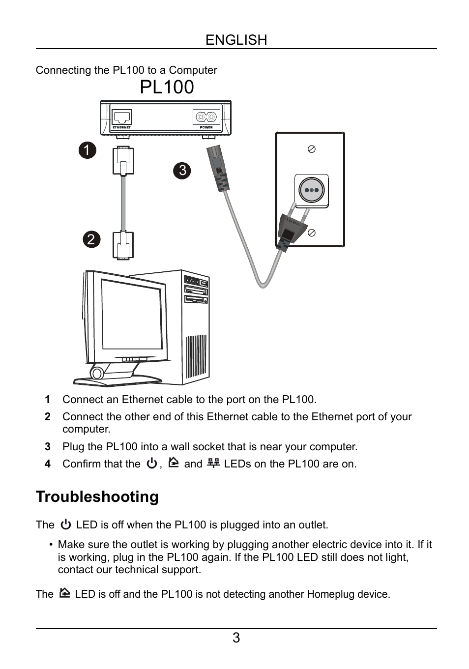 Troubleshooting, Pl100, Pl-100 | English 3 | ZyXEL Communications PL-100 User Manual | Page 4 / 33