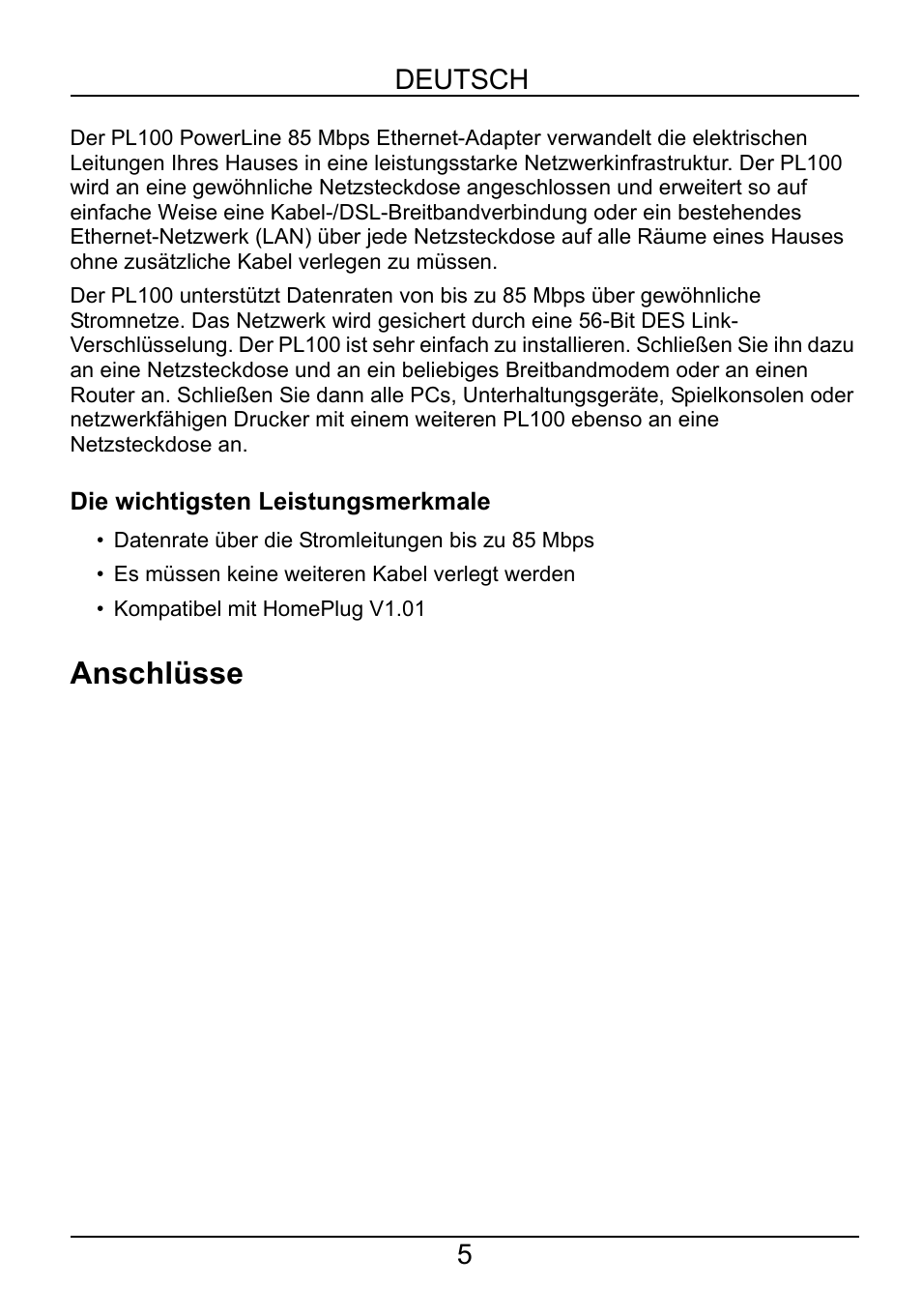 Deutsch, Die wichtigsten leistungsmerkmale, Anschlüsse | ZyXEL Communications PL-100 User Manual | Page 6 / 33