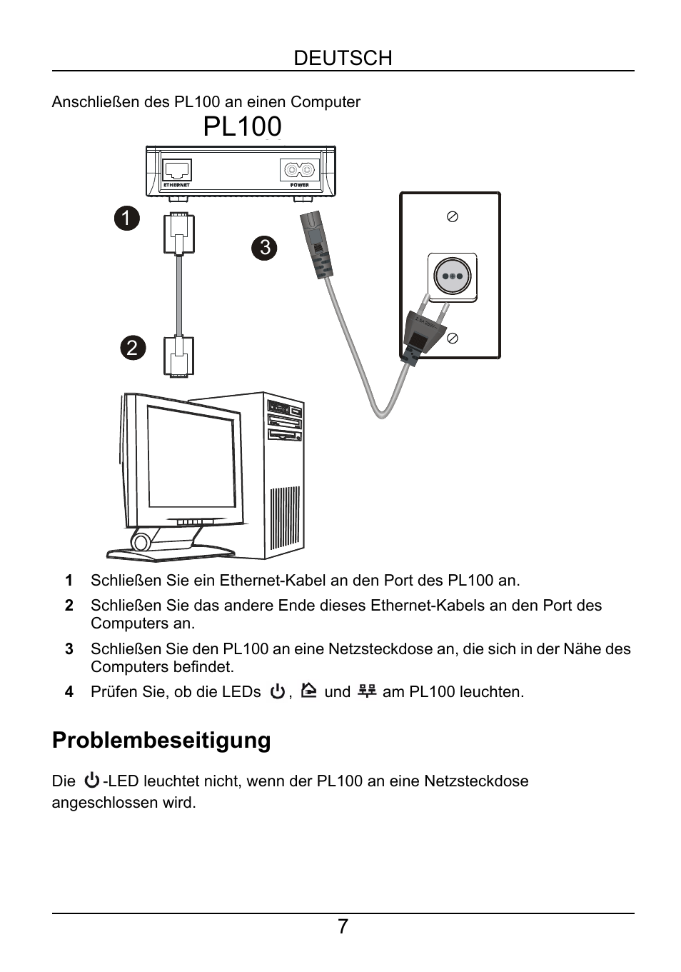 Problembeseitigung, Pl100, Pl-100 | Deutsch 7 | ZyXEL Communications PL-100 User Manual | Page 8 / 33