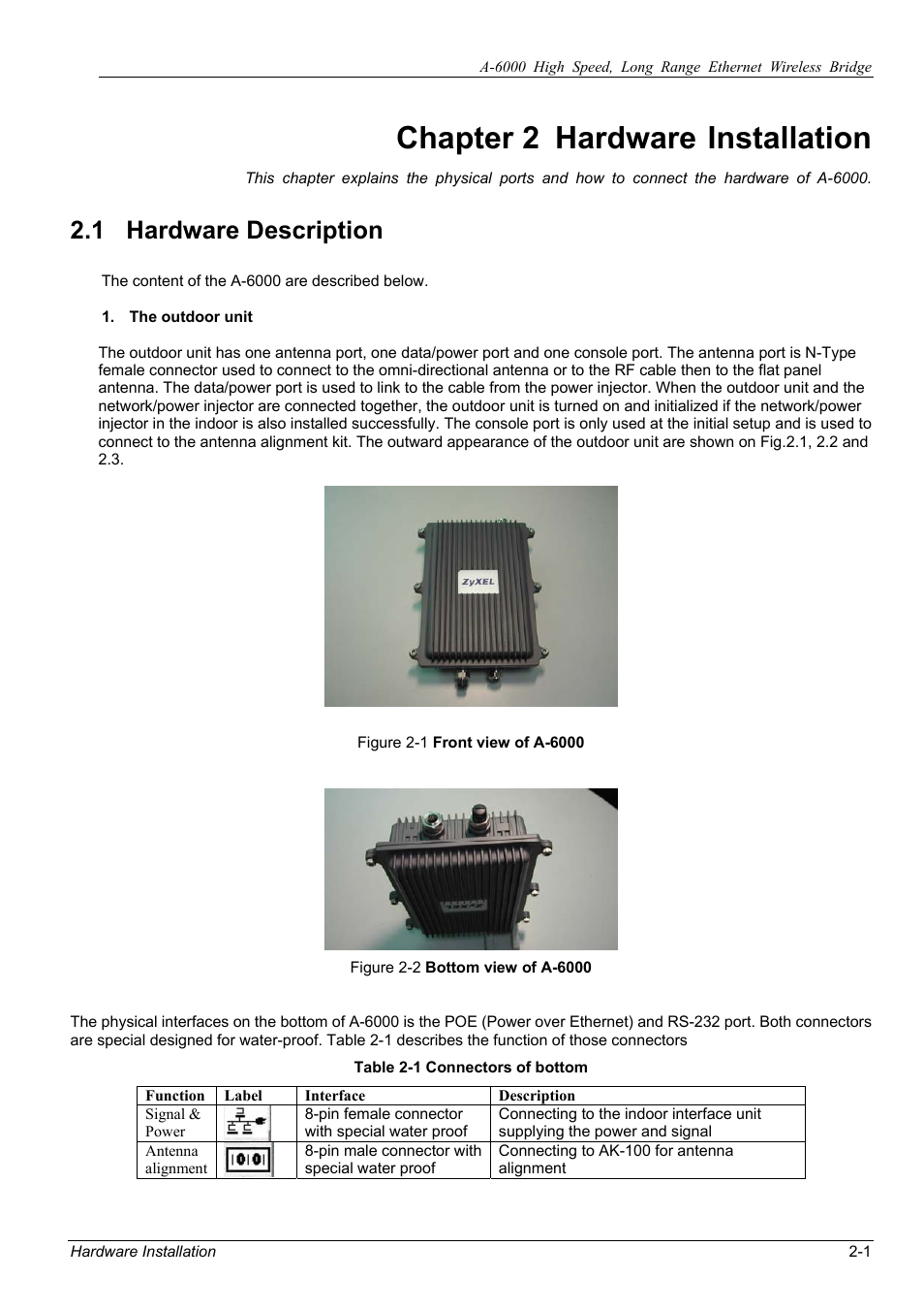 Chapter 2 hardware, Installation, 1 hardware description | ZyXEL Communications ZyXEL ZyAIR A-6000 User Manual | Page 16 / 46