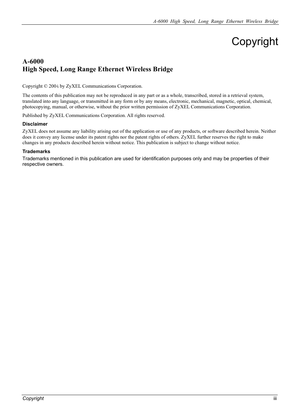 Copyright | ZyXEL Communications ZyXEL ZyAIR A-6000 User Manual | Page 3 / 46