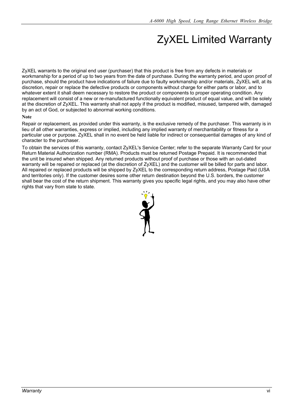 Zyxel limited warranty | ZyXEL Communications ZyXEL ZyAIR A-6000 User Manual | Page 6 / 46
