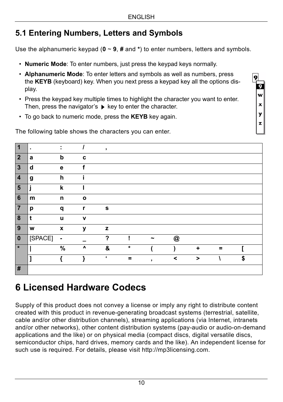 1 entering numbers, letters and symbols, 6 licensed hardware codecs, Symbols (see | Entering numbers, letters and, Symbols | ZyXEL Communications STB-1001H User Manual | Page 11 / 13